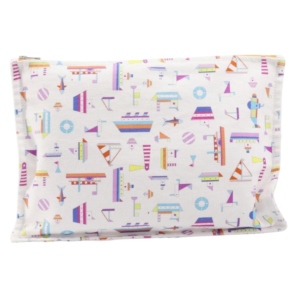 HERMES Petit Chartier Clutch Bag Canvas White Silver Auth BA17106