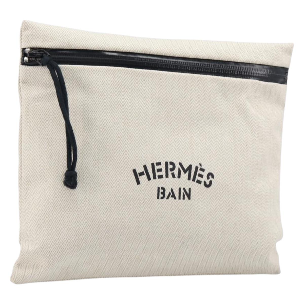 HERMES BAIN Pouch Canvas White Black Auth BA17107