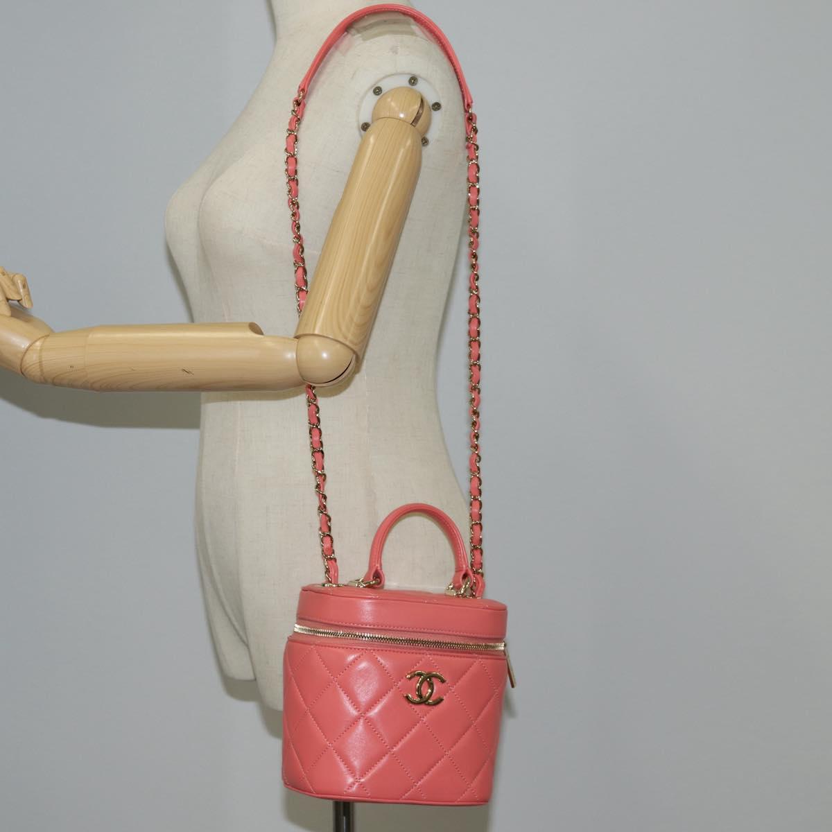 CHANEL Matelasse COCO Mark Vanity Bag Lamb Skin 2way Pink Gold CC Auth BA1724M