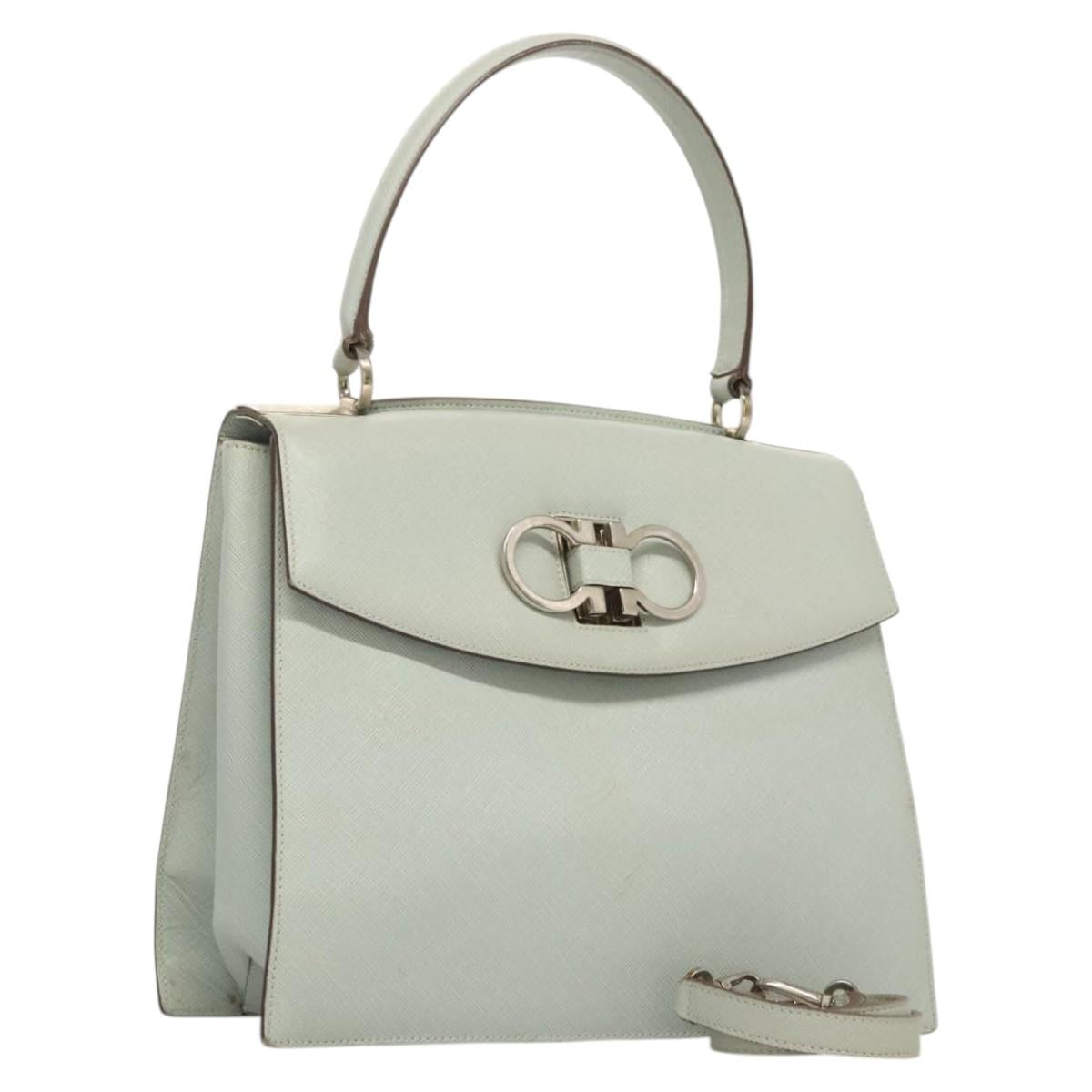 Salvatore Ferragamo Gancini Hand Bag Safiano 2way Light Blue Silver Auth BA1740