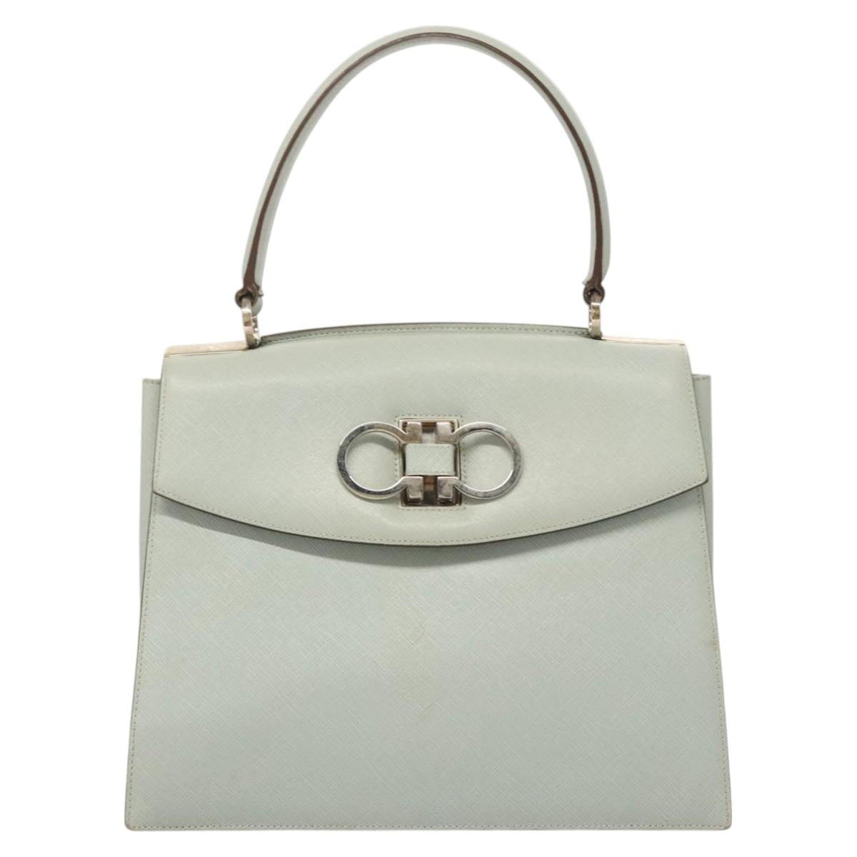 Salvatore Ferragamo Gancini Hand Bag Safiano 2way Light Blue Silver Auth BA1740