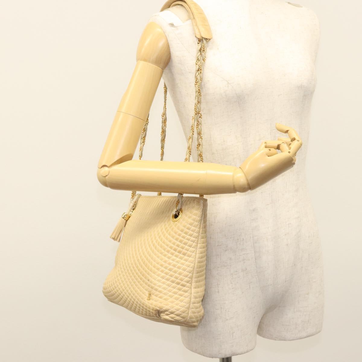 BALLY Quilted Chain Shoulder Bag Leather Beige Gold Auth BA1743