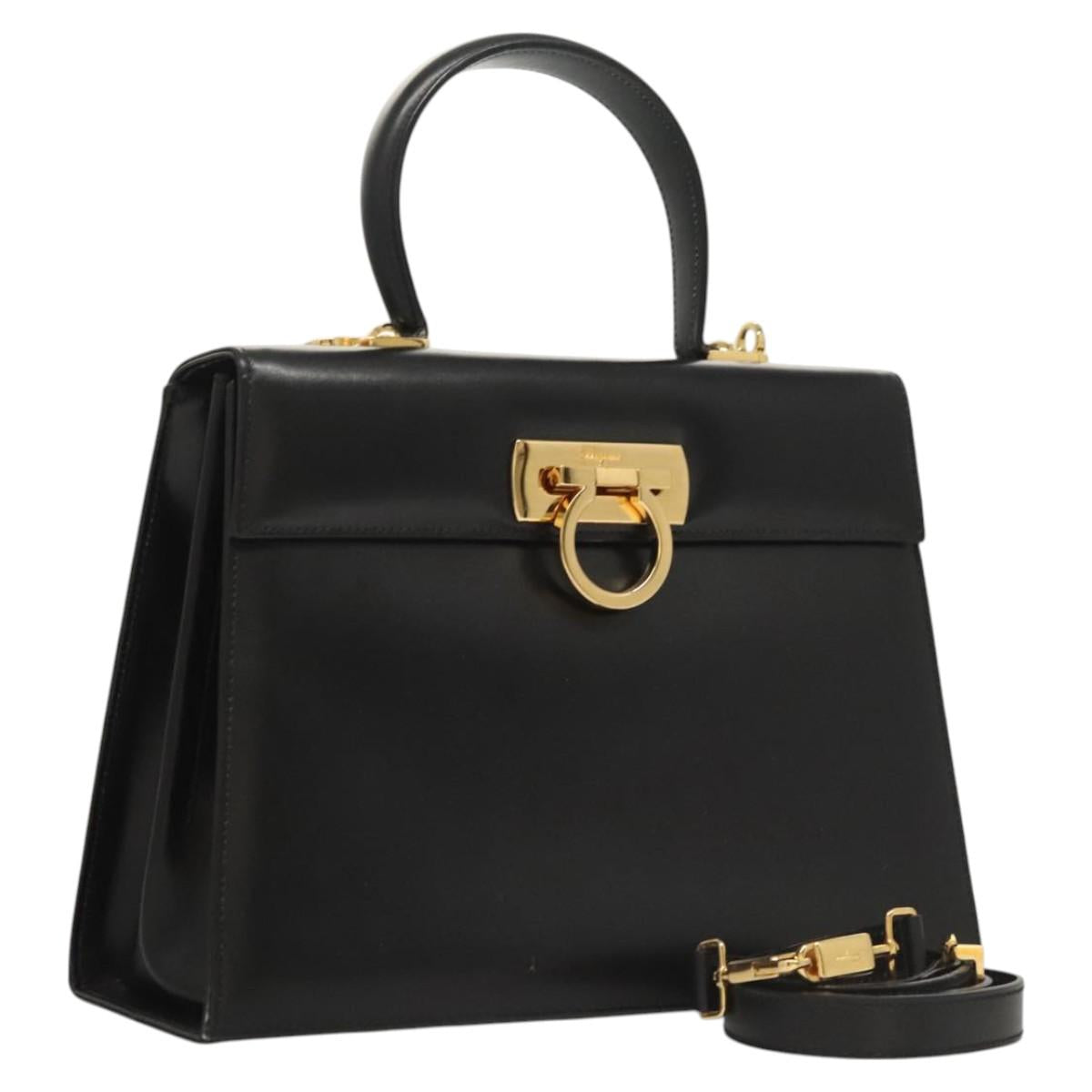 Salvatore Ferragamo Gancini Hand Bag Leather 2way Black Gold Auth BA1756