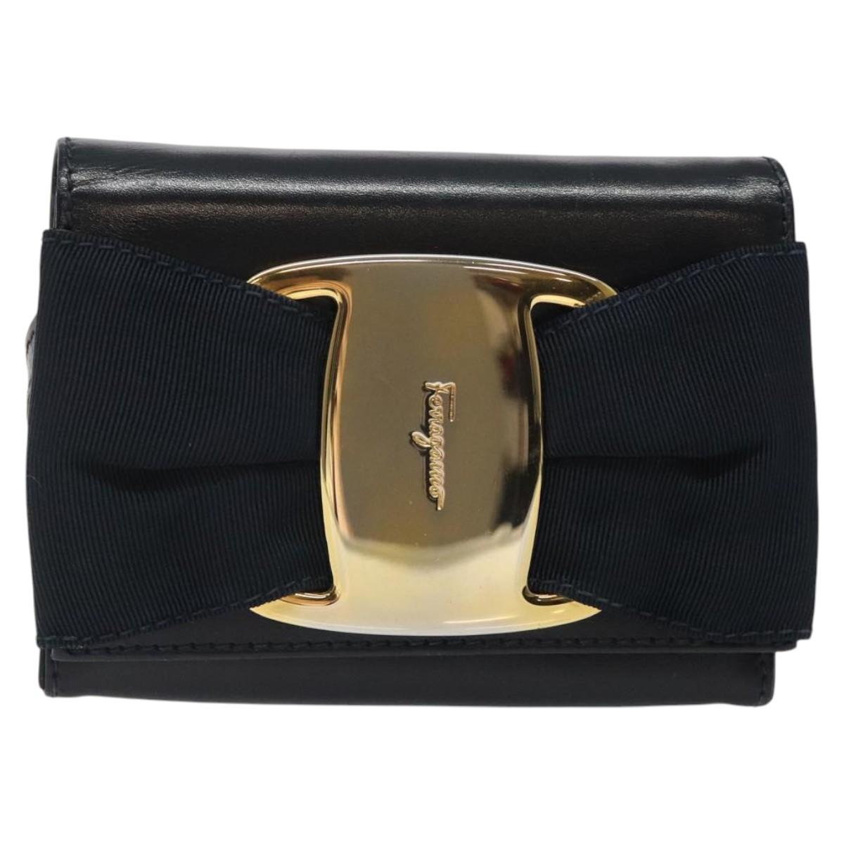 Salvatore Ferragamo Pouch Shoulder Bag Leather Navy Gold Auth BA1758