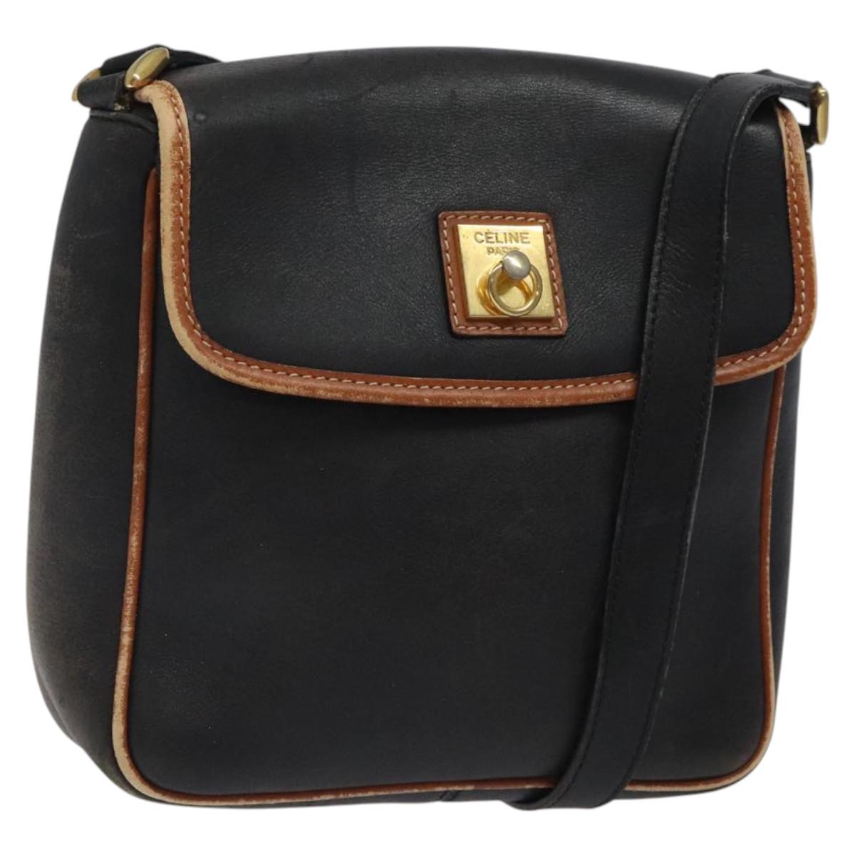 CELINE Shoulder Bag Leather Black Gold Auth BA1801