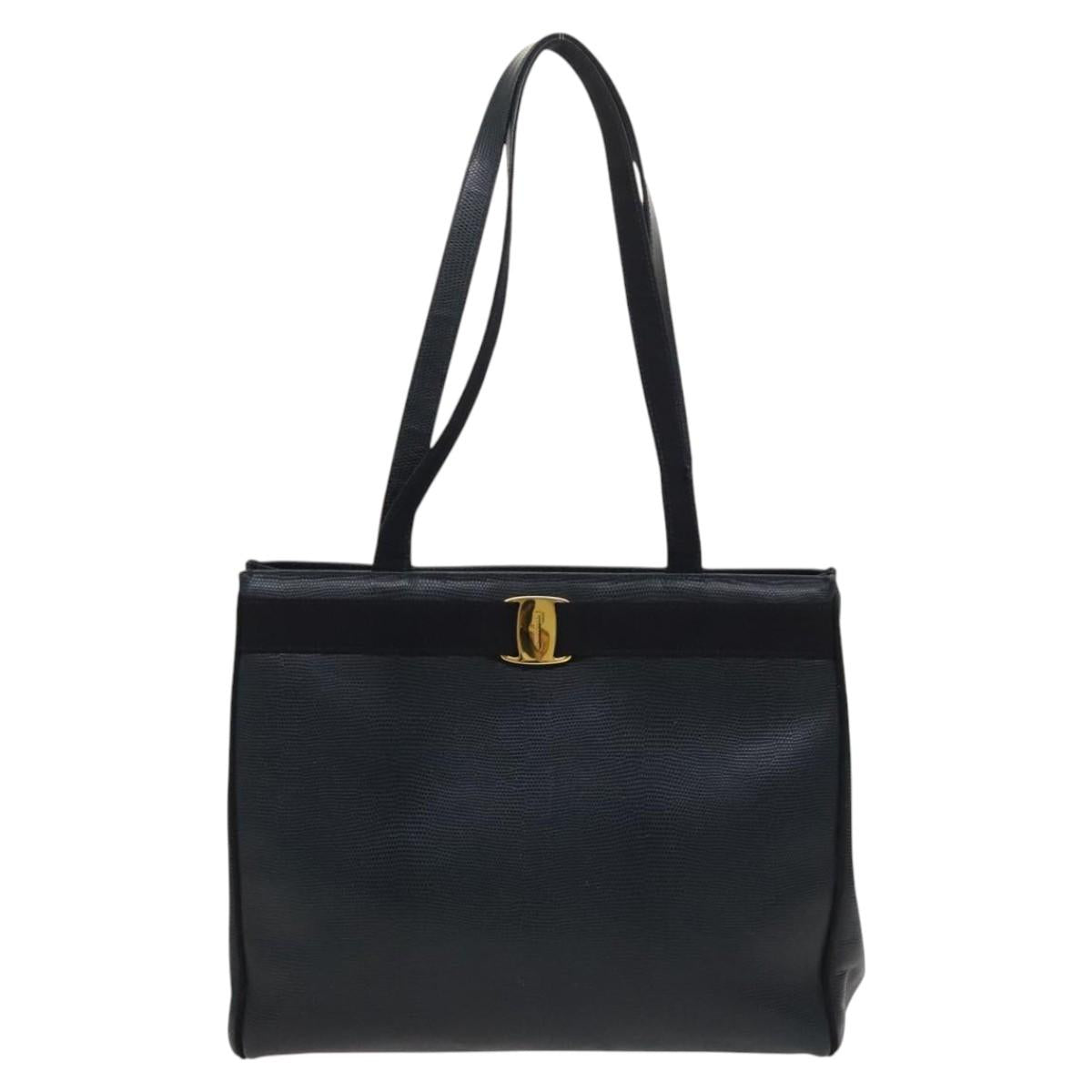 Salvatore Ferragamo Tote Bag Leather Embossed Navy Gold Auth BA1802