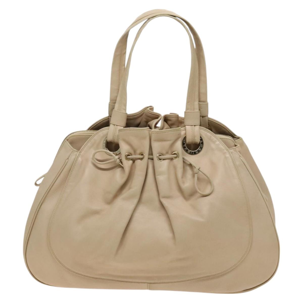 BVLGARI Tote Bag Leather Beige Gold Auth BA1803