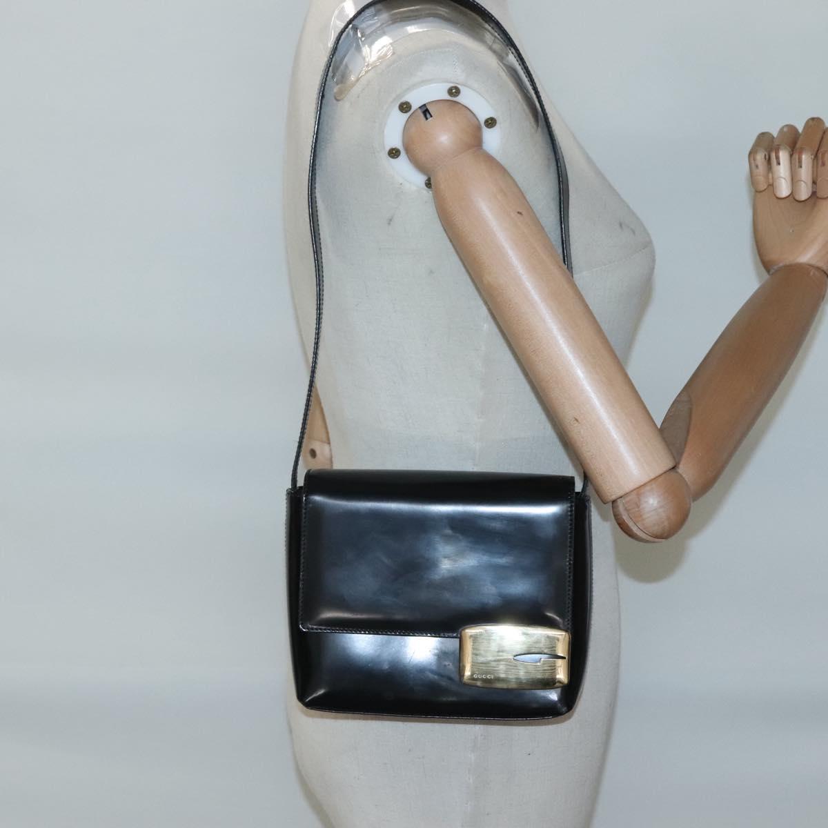 GUCCI Shoulder Bag Enamel Black Gold 007 3444 0282 Auth BA1950