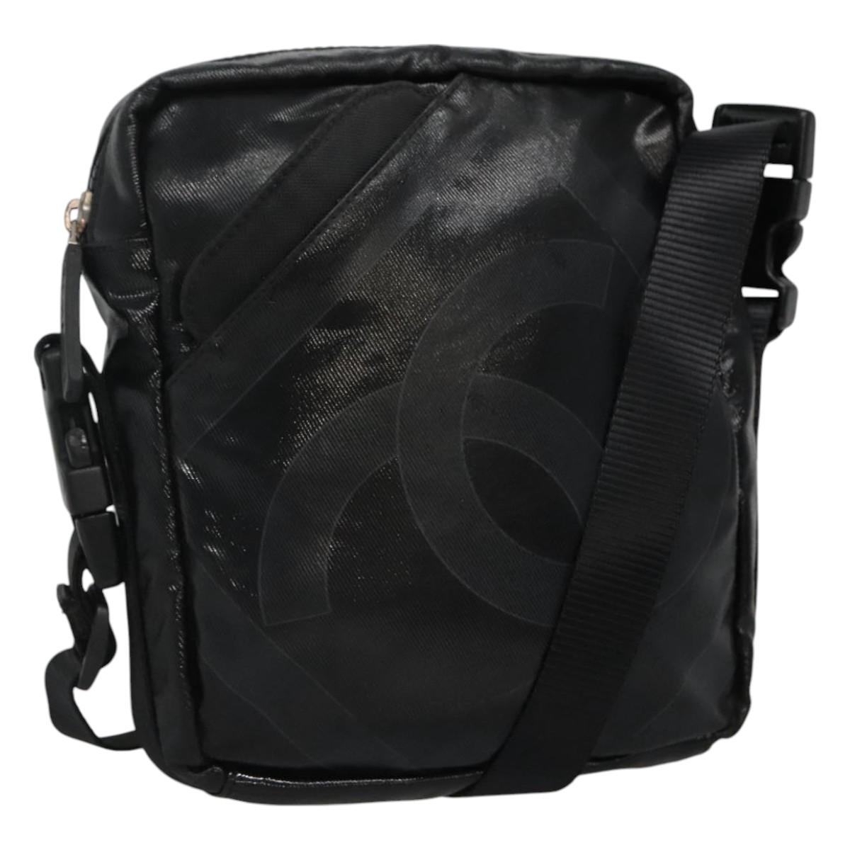 CHANEL Sports COCO Mark Shoulder Bag Coated Canvas Black CC Auth BA202