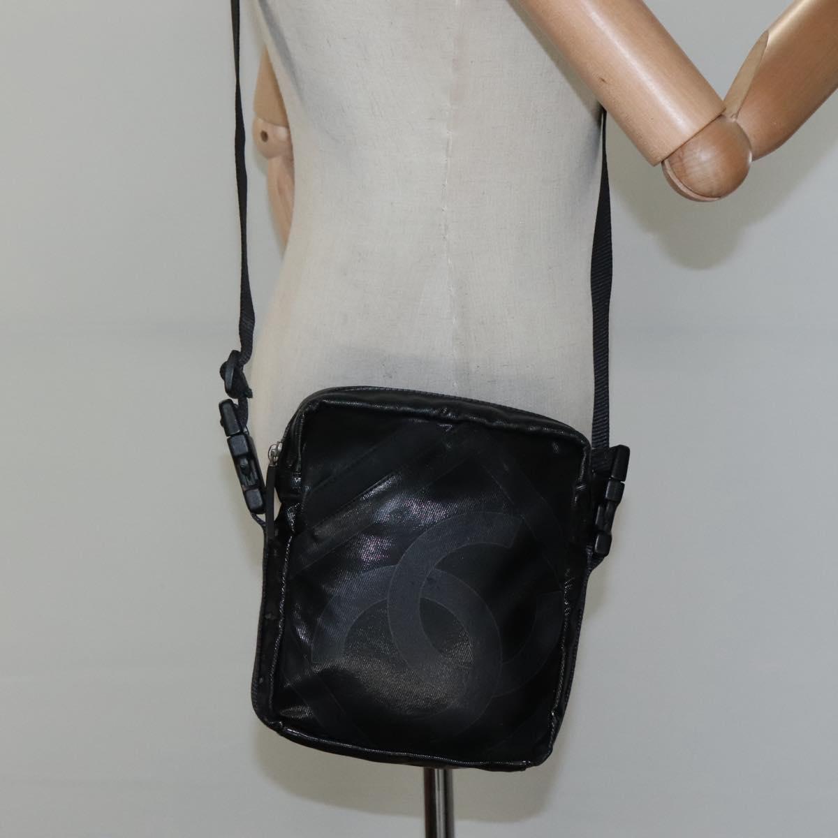 CHANEL Sports COCO Mark Shoulder Bag Coated Canvas Black CC Auth BA202