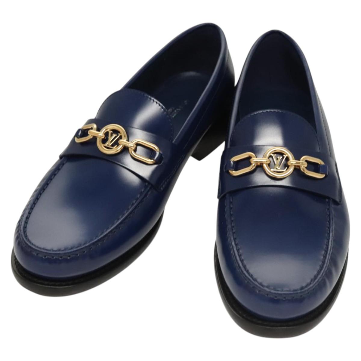 LOUIS VUITTON loafers shoes Patent leather Blue LV Auth BA2080