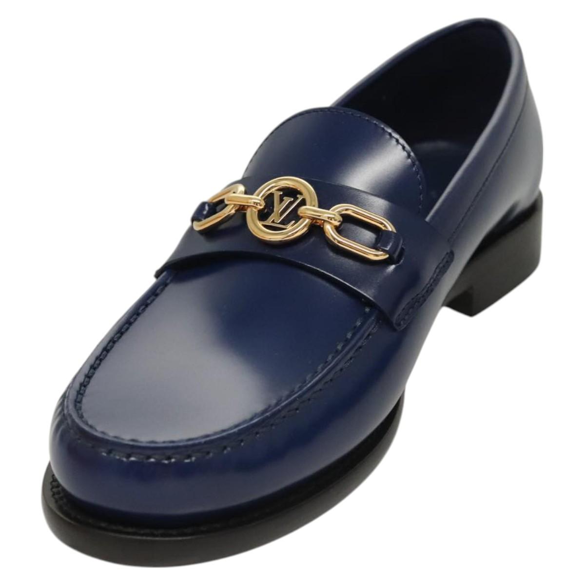 LOUIS VUITTON loafers shoes Patent leather Blue LV Auth BA2080