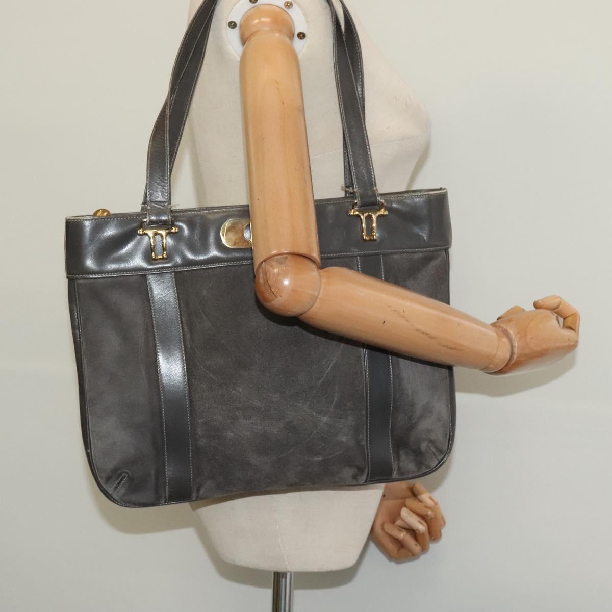 CELINE Hand Bag Suede Leather Gray Gold Auth BA2092