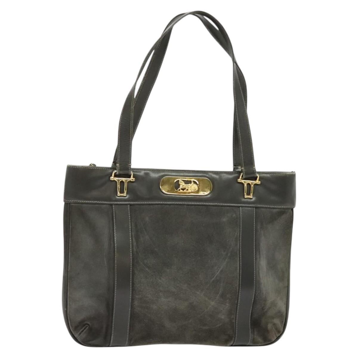CELINE Hand Bag Suede Leather Gray Gold Auth BA2092