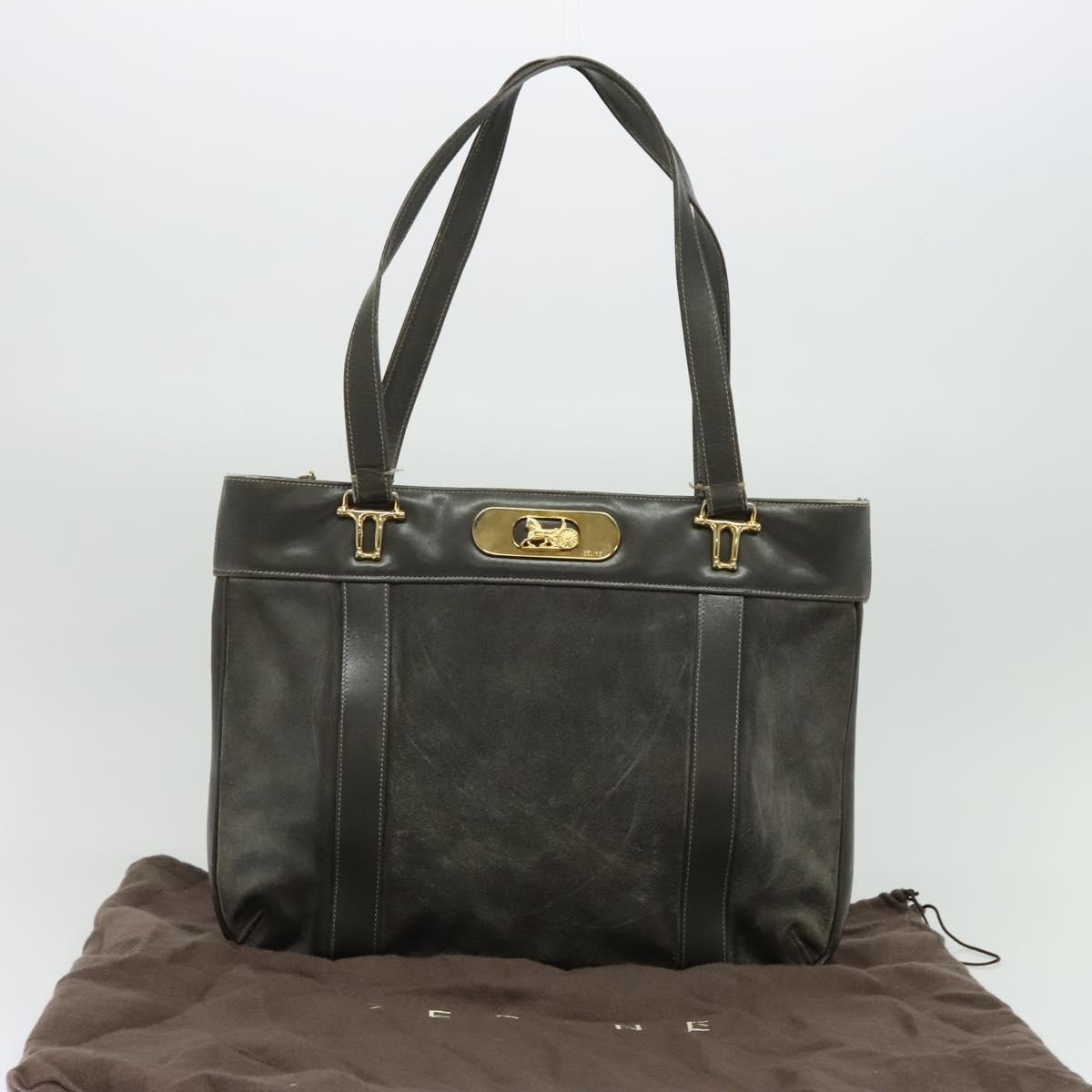 CELINE Hand Bag Suede Leather Gray Gold Auth BA2092