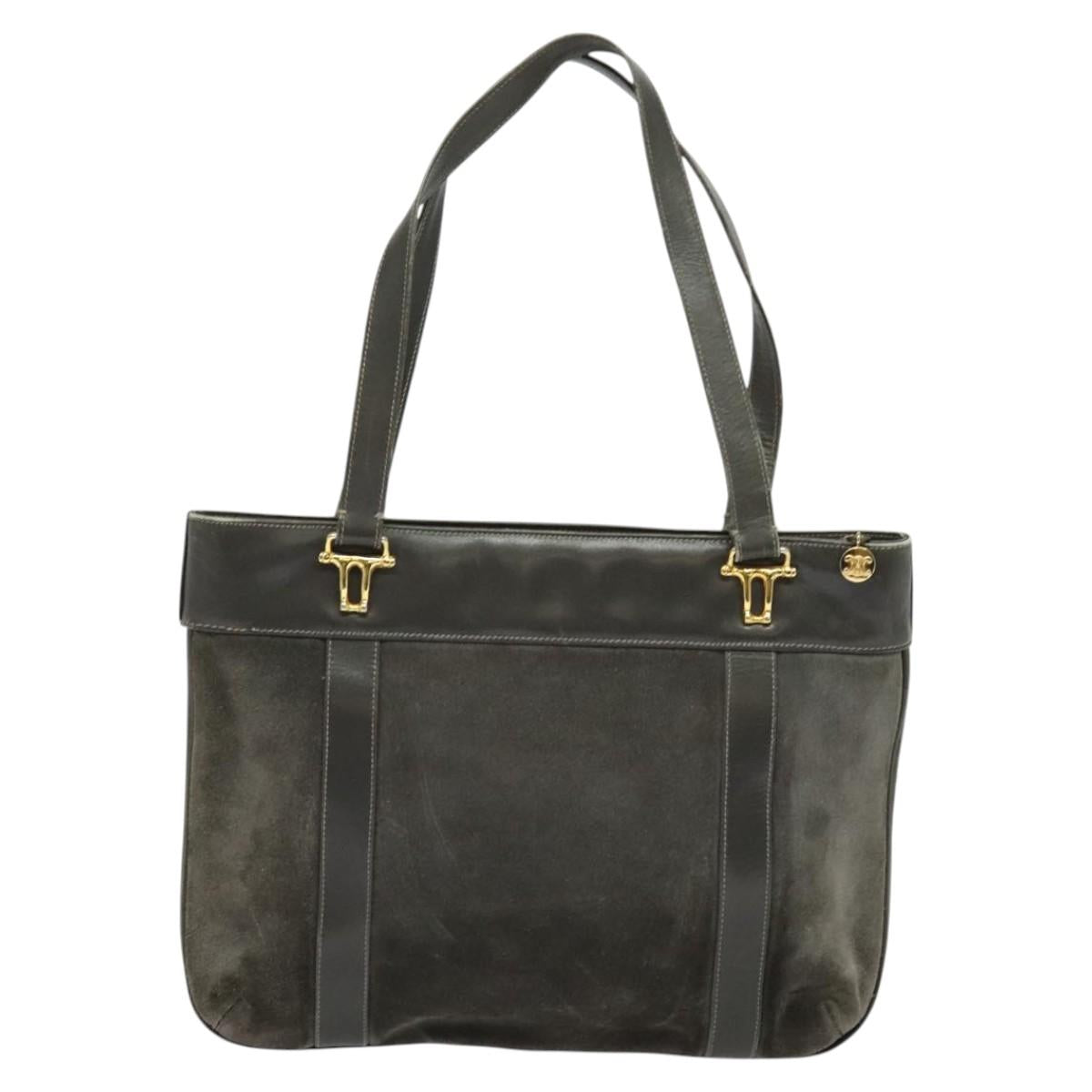 CELINE Hand Bag Suede Leather Gray Gold Auth BA2092