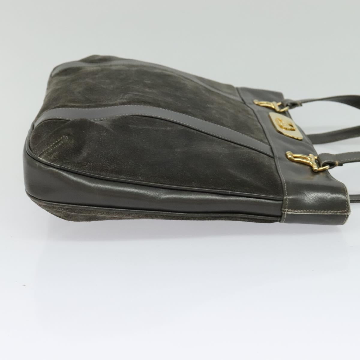 CELINE Hand Bag Suede Leather Gray Gold Auth BA2092