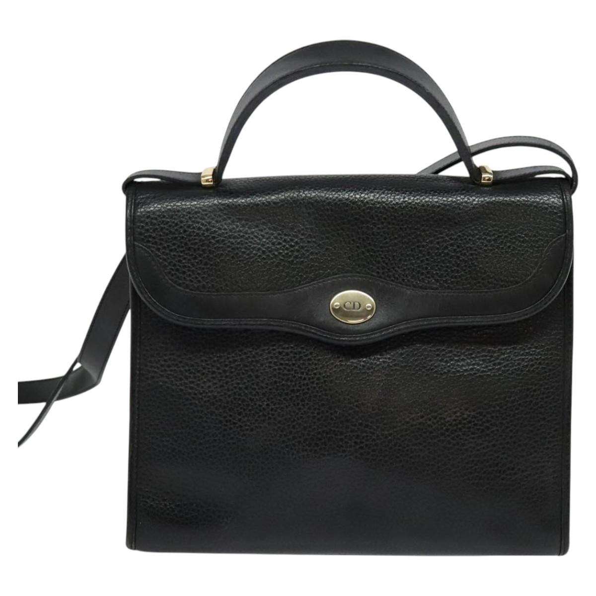 Christian Dior Hand Bag Leather 2way Black Gold Auth BA2129