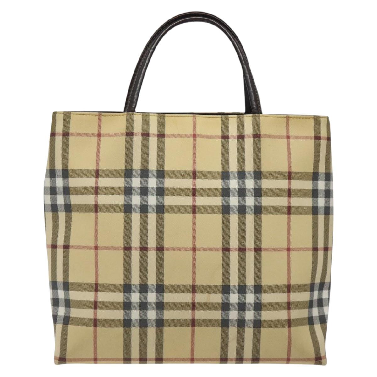 BURBERRY Nova Check Hand Bag PVC Beige Silver Auth BA2155