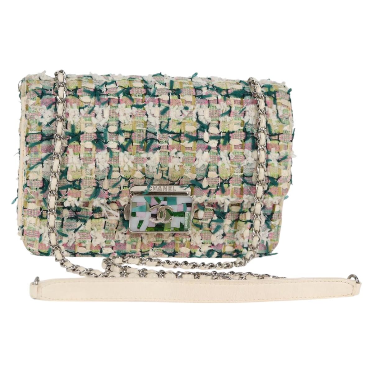 CHANEL Chain Matelasse Shoulder Bag Tweed White CC Auth BA2164AM