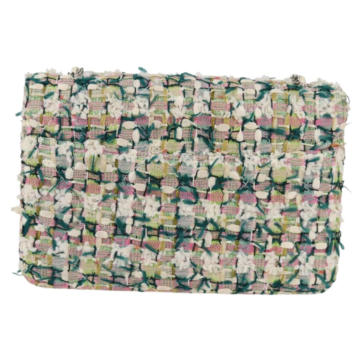 CHANEL Chain Matelasse Shoulder Bag Tweed White CC Auth BA2164AM