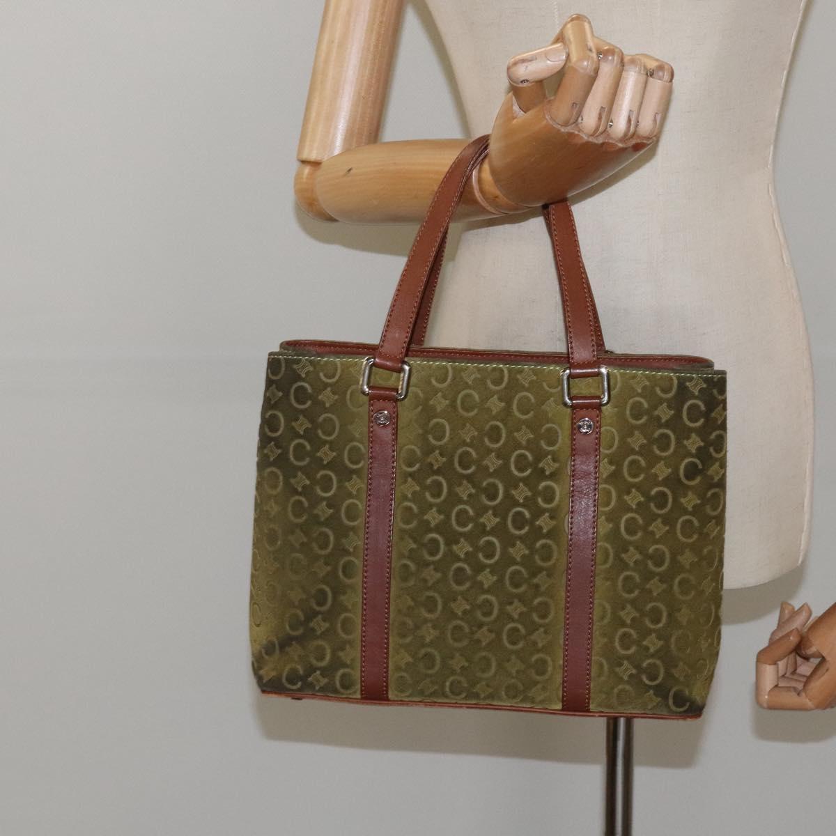 CELINE C Macadam Canvas Hand Bag Suede Green Gold Auth BA2228