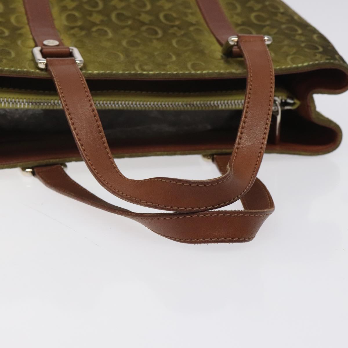 CELINE C Macadam Canvas Hand Bag Suede Green Gold Auth BA2228