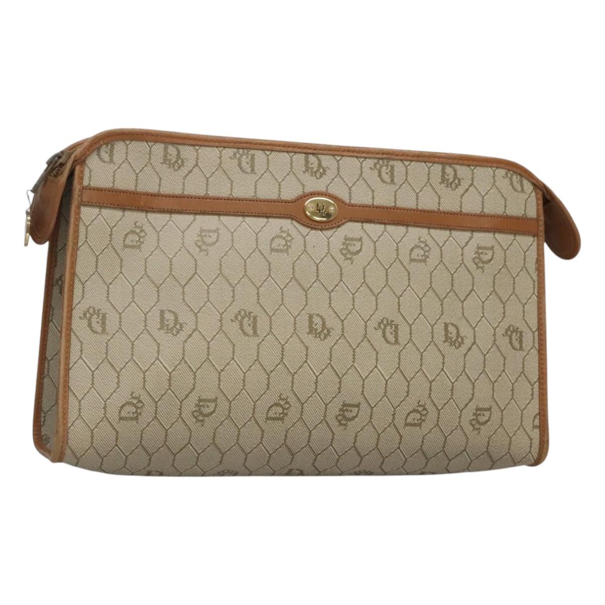 Christian Dior Honeycomb Canvas Clutch Bag PVC Beige Auth BA2283