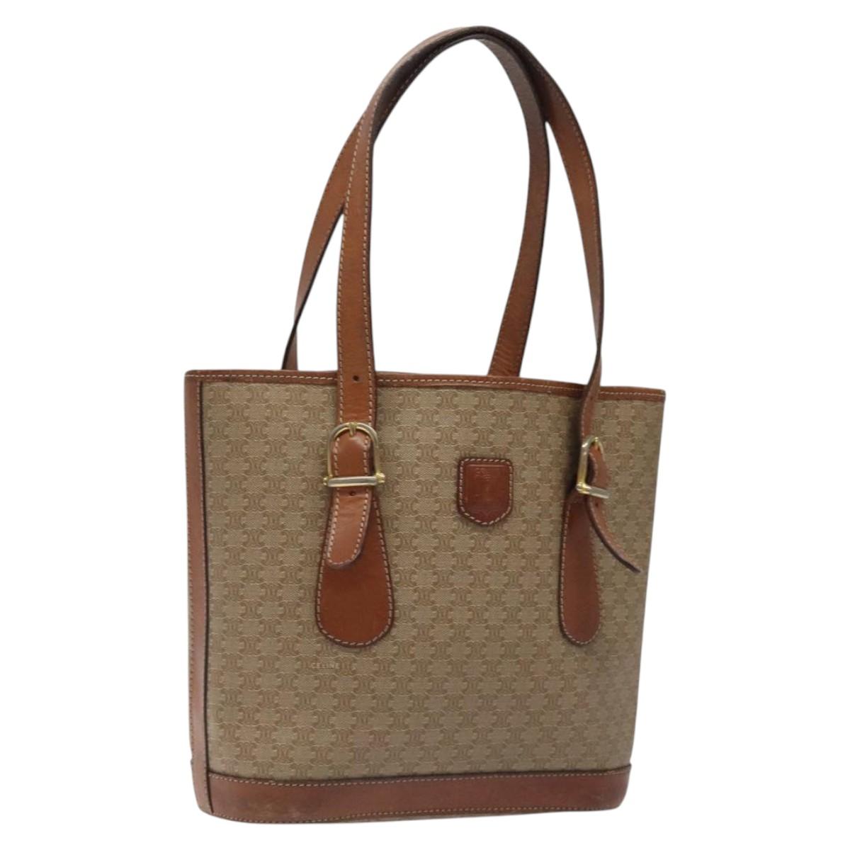 CELINE Macadam Canvas Tote Bag PVC Beige Gold Auth BA2311