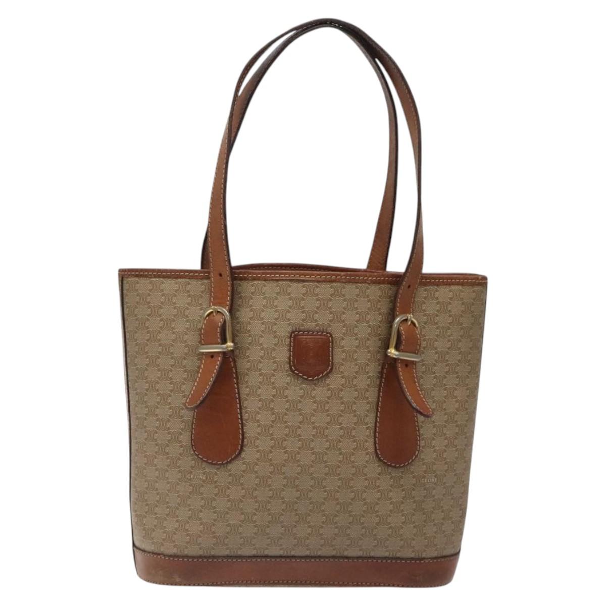 CELINE Macadam Canvas Tote Bag PVC Beige Gold Auth BA2311