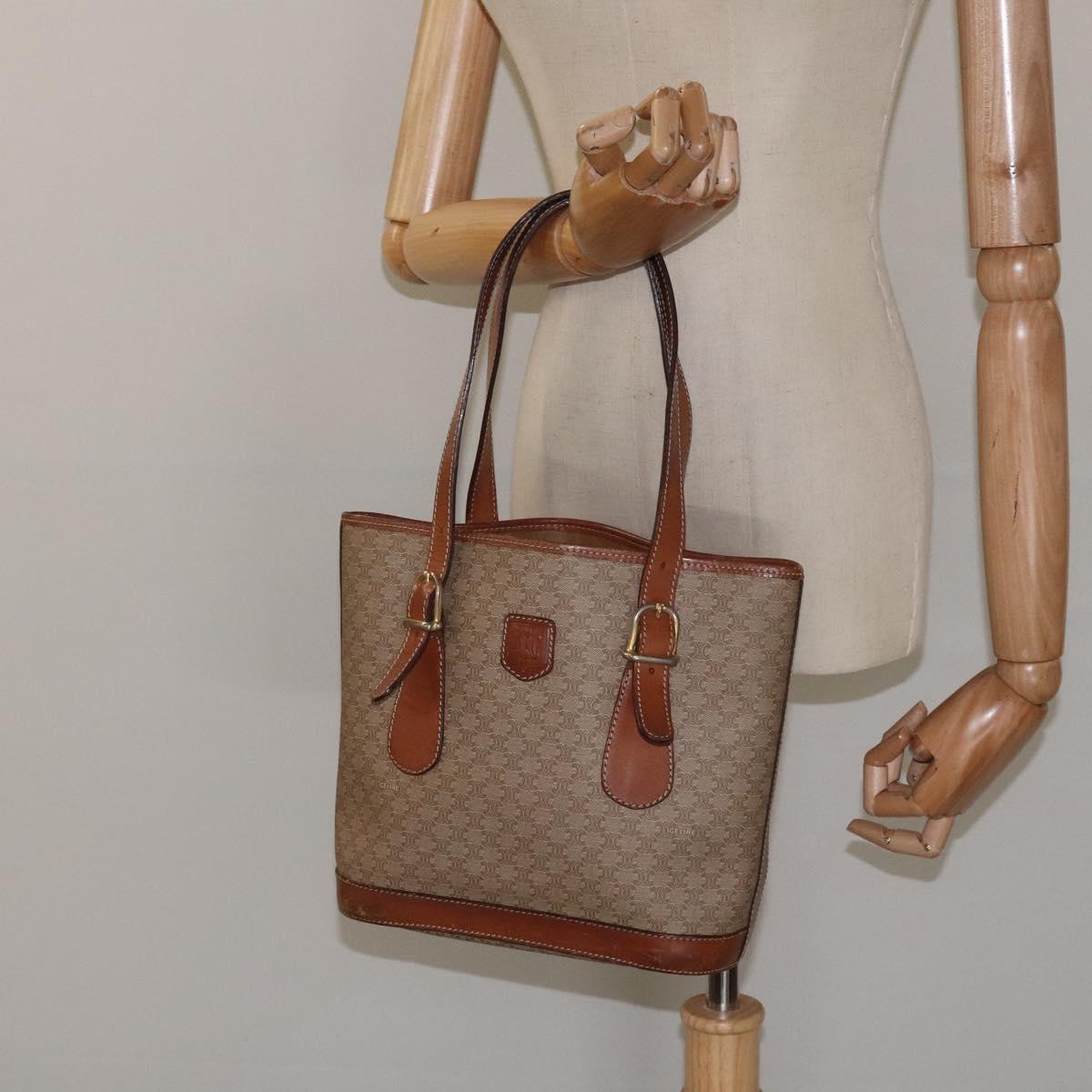 CELINE Macadam Canvas Tote Bag PVC Beige Gold Auth BA2311