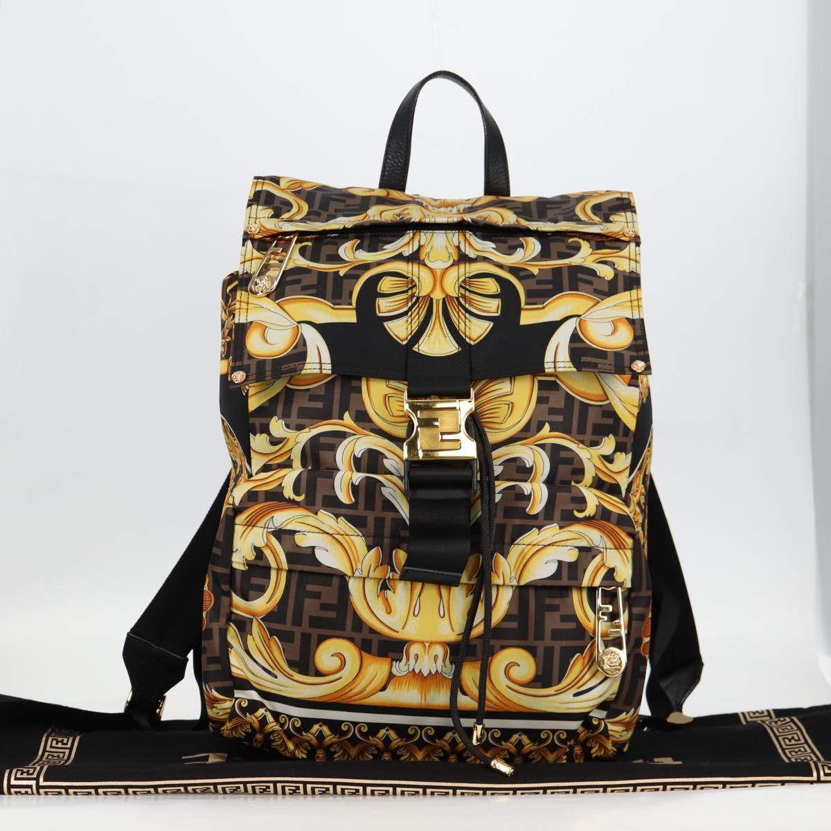 FENDI Zucca Canvas FENDACE Versace Collaboration Backpack Black Auth BA2349SAM