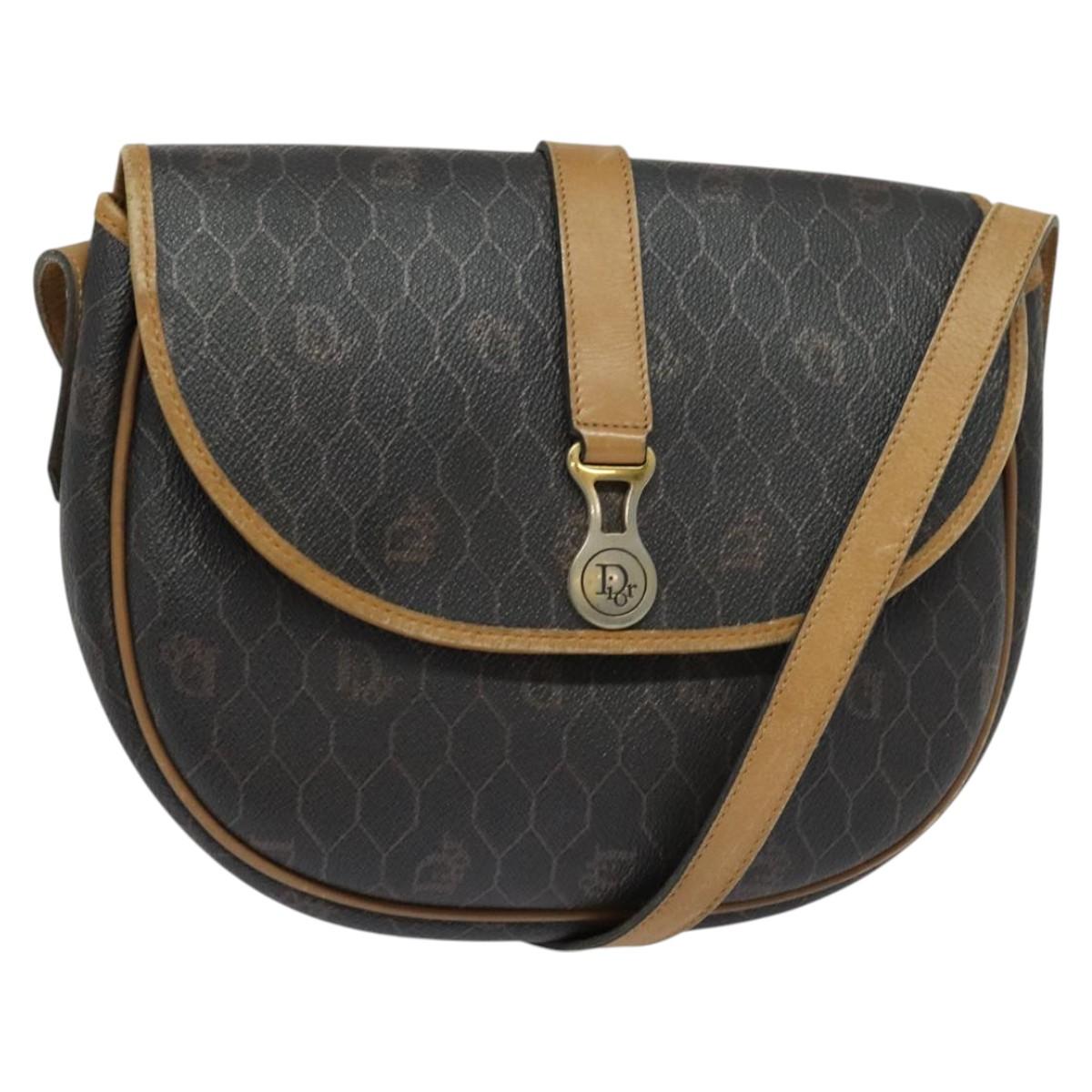 Christian Dior Honeycomb Canvas Shoulder Bag PVC Leather Black Auth BA2400