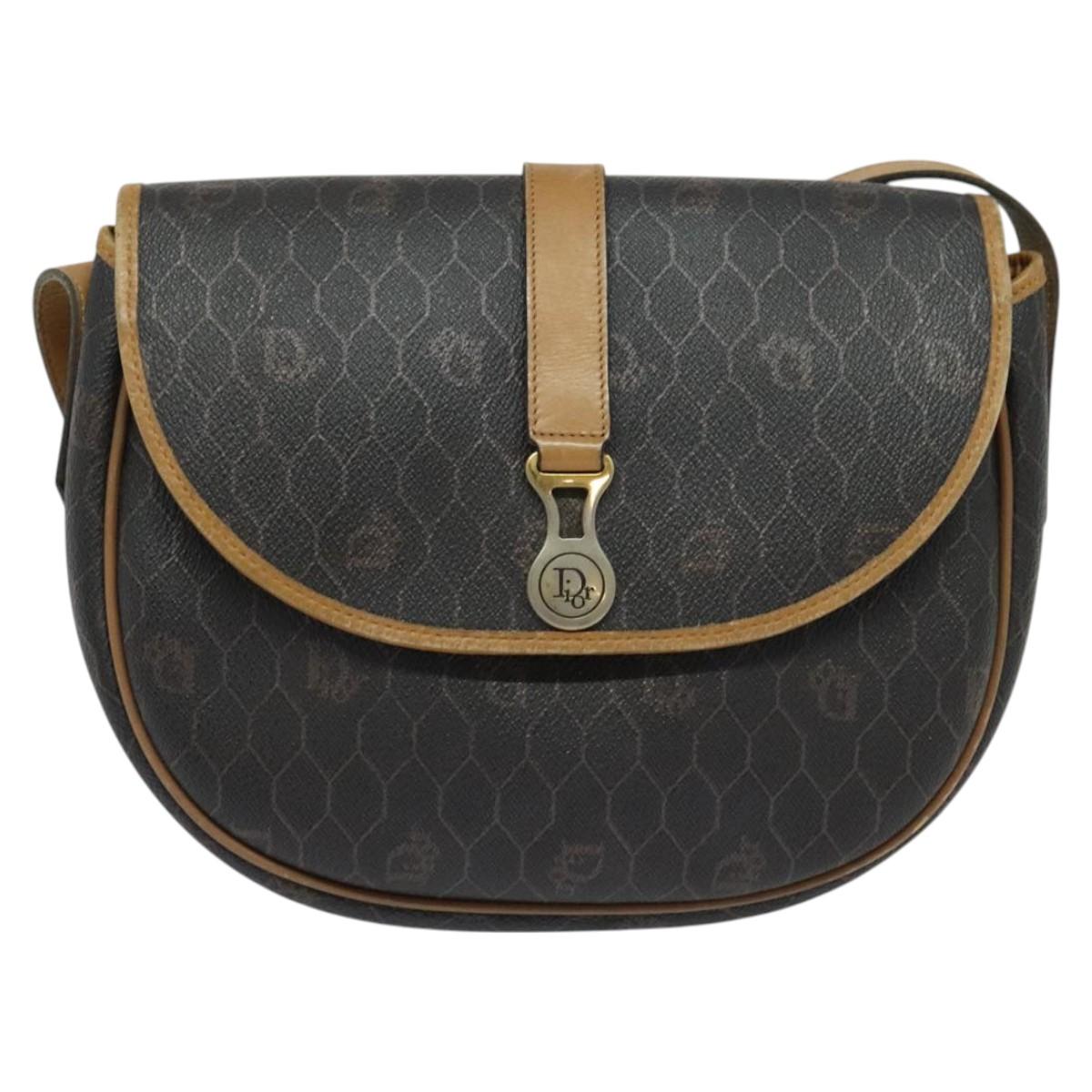 Christian Dior Honeycomb Canvas Shoulder Bag PVC Leather Black Auth BA2400
