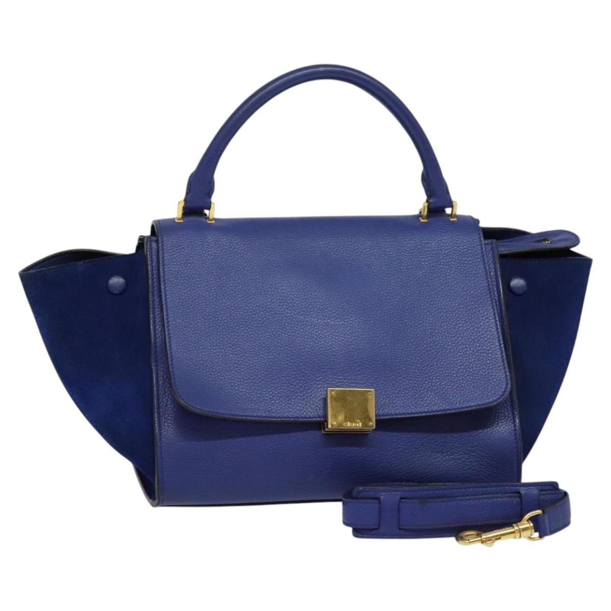 CELINE Trapeze Hand Bag Suede Leather 2way Blue Gold Auth BA2409