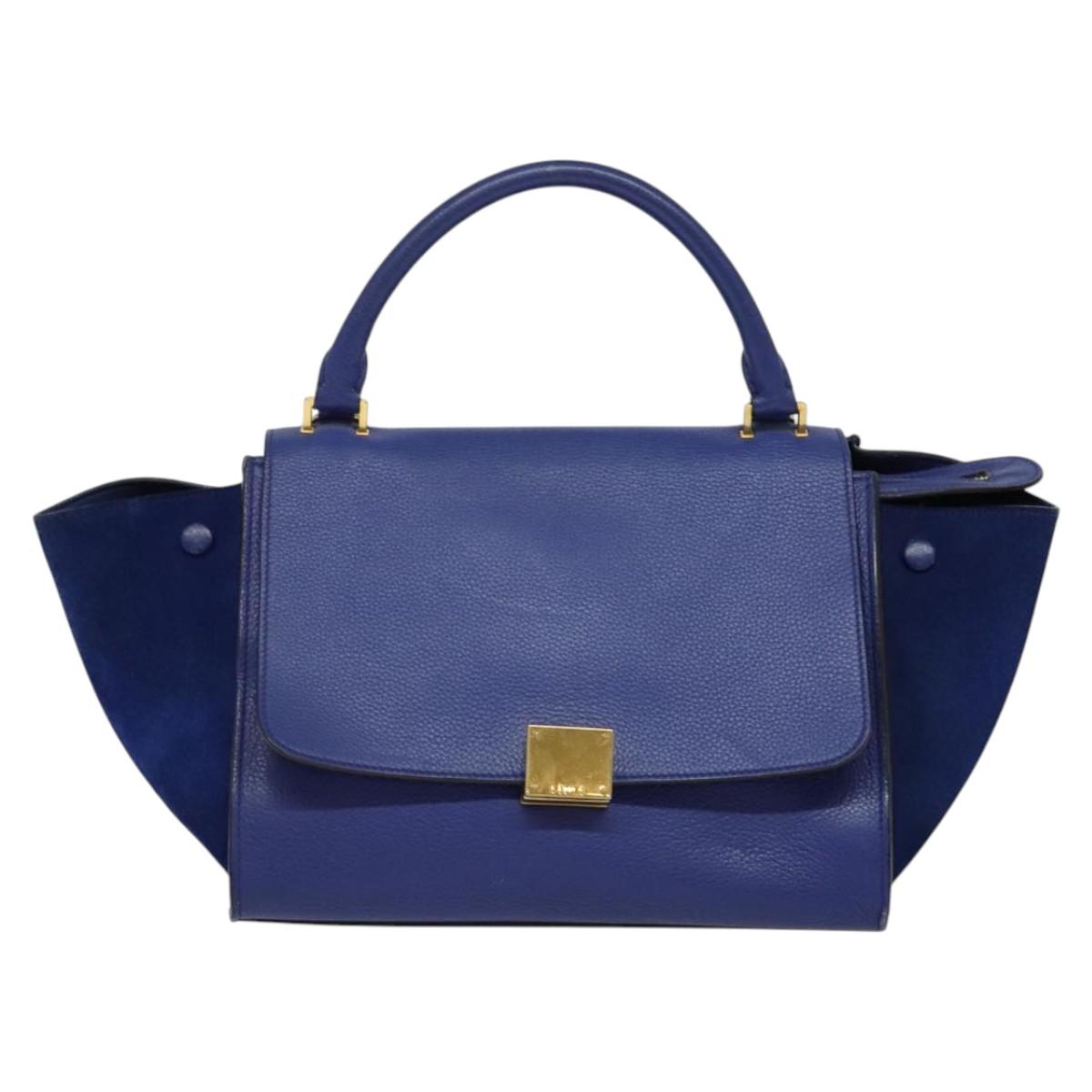 CELINE Trapeze Hand Bag Suede Leather 2way Blue Gold Auth BA2409