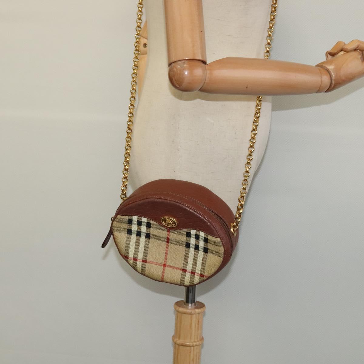 Burberrys Nova Check Chain Shoulder Bag PVC Leather Brown Beige Auth BA241