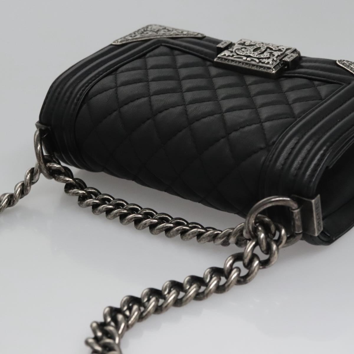 CHANEL Chain Matelasse Boy Chanel Shoulder Bag Lamb Skin Black CC Auth BA244S