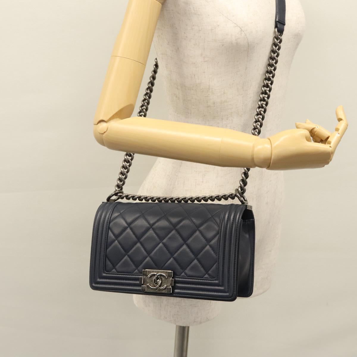 CHANEL Chain Matelasse Boy Chanel Shoulder Bag Lamb Skin Navy CC Auth BA246AM
