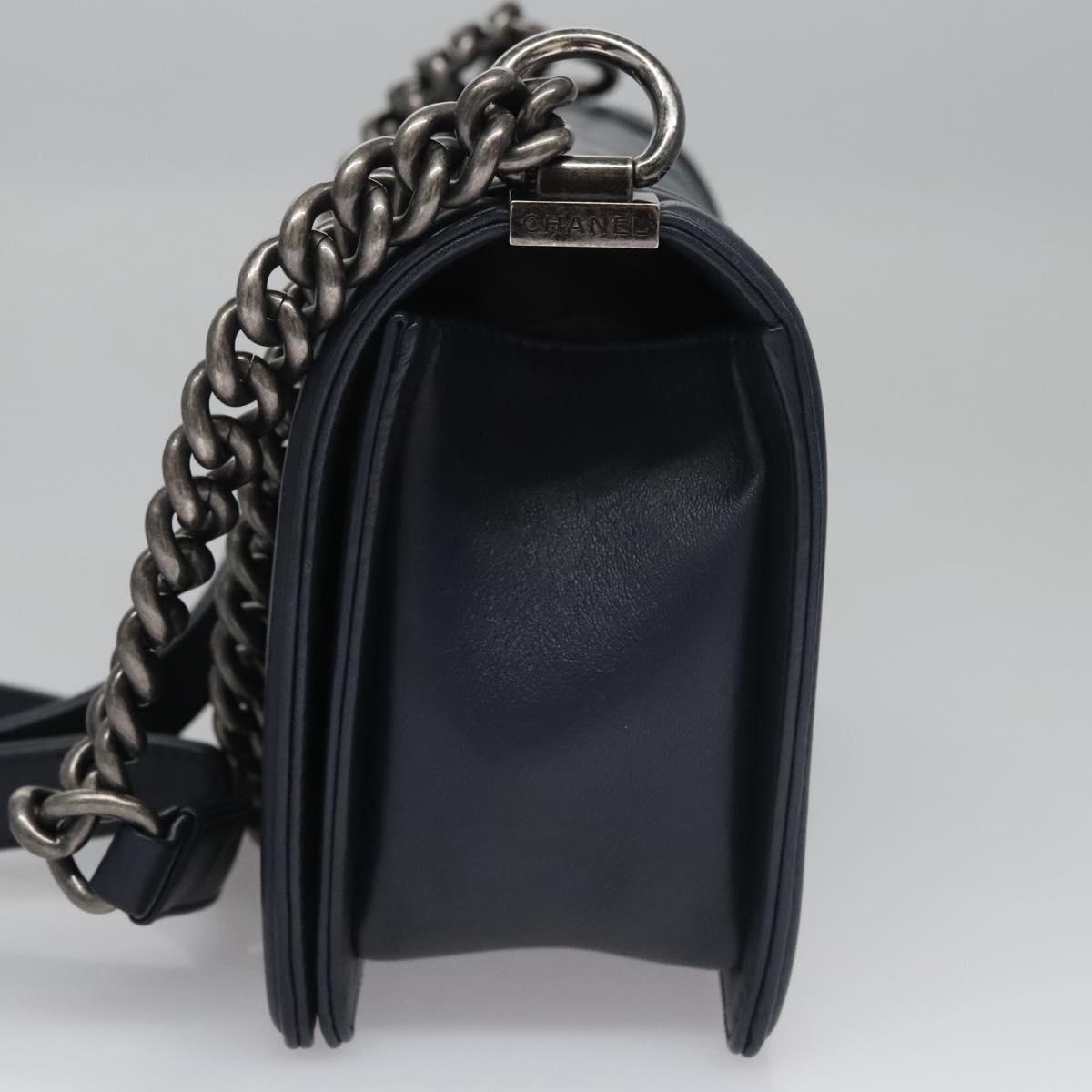 CHANEL Chain Matelasse Boy Chanel Shoulder Bag Lamb Skin Navy CC Auth BA246AM