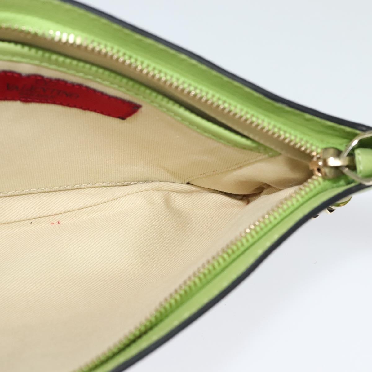 VALENTINO Studs Clutch Bag Leather Gold Light green Auth BA2541