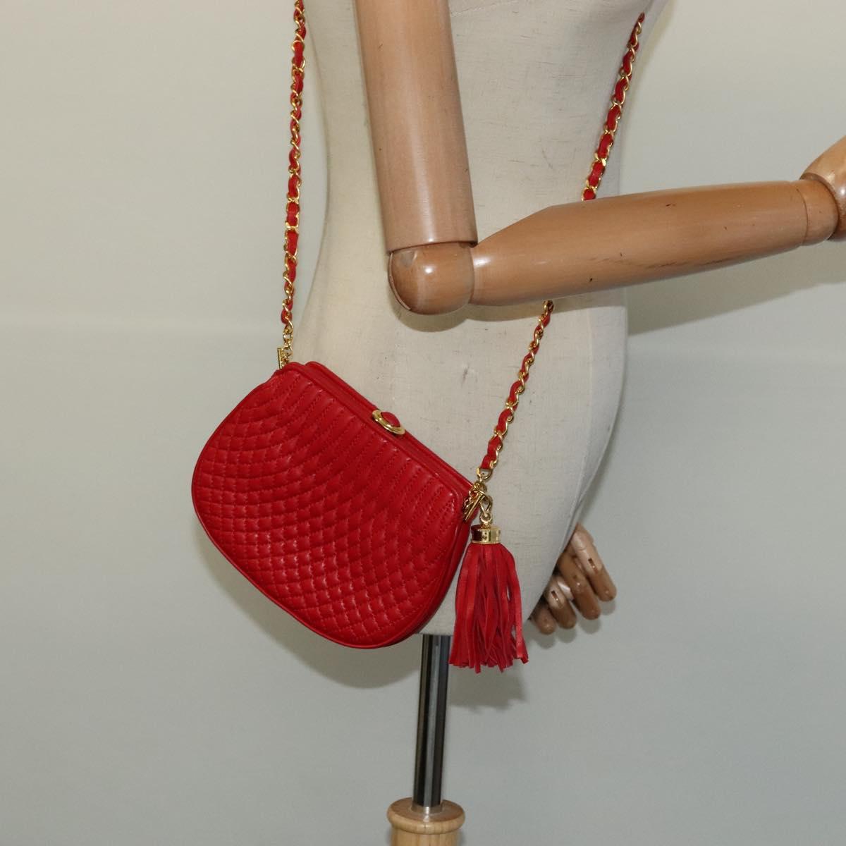 BALLY Chain Shoulder Bag Leather Red Gold Auth BA2568