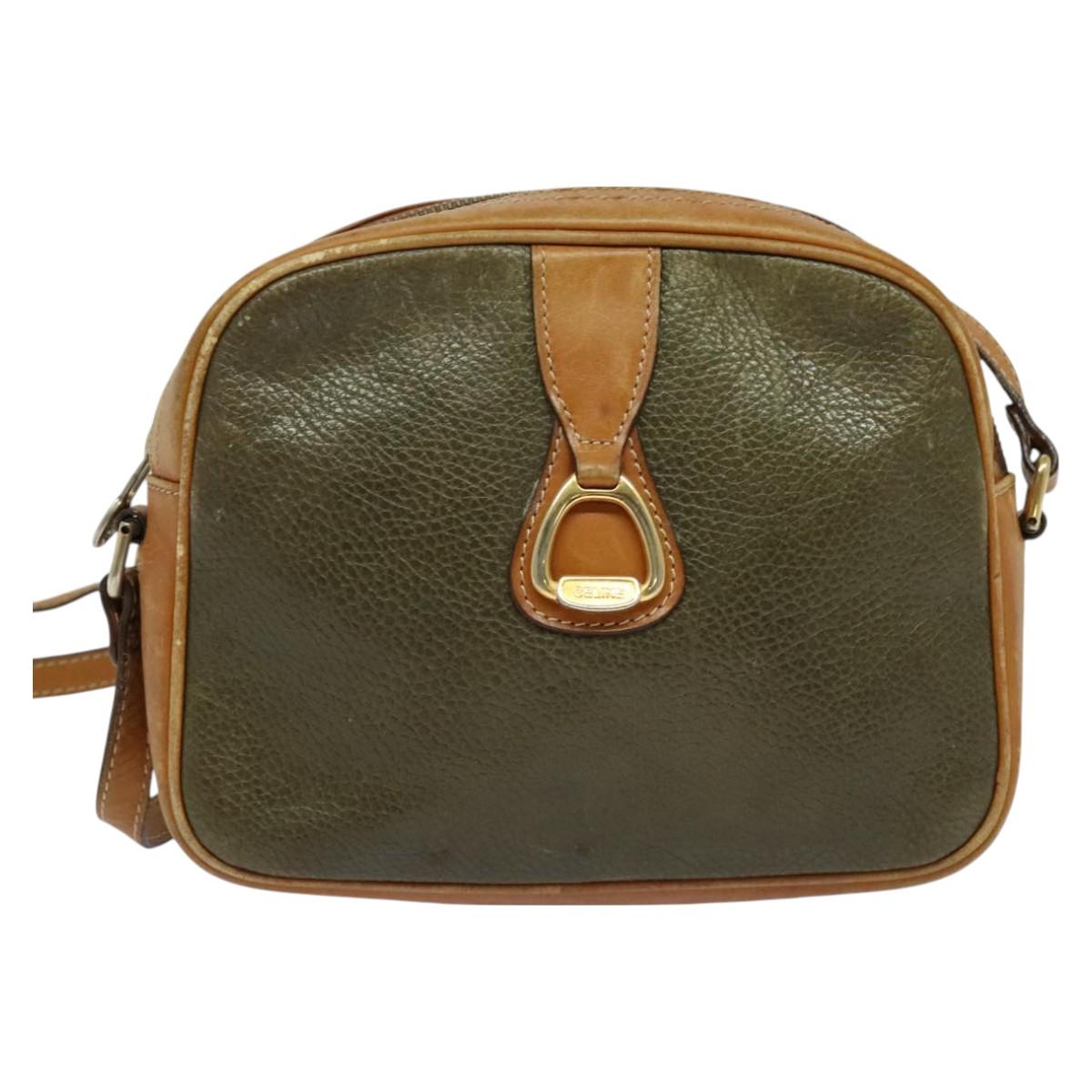 CELINE Shoulder Bag Leather Khaki Gold Auth BA2573