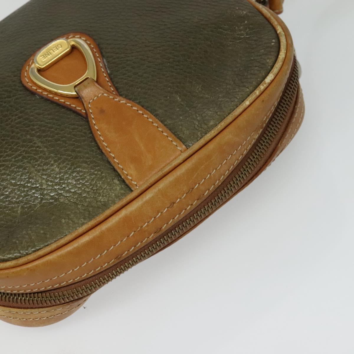 CELINE Shoulder Bag Leather Khaki Gold Auth BA2573