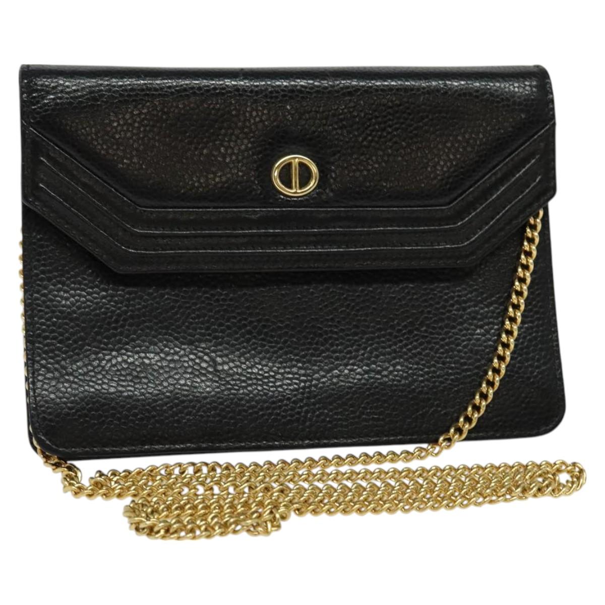 Christian Dior Chain Shoulder Bag Leather Black Gold Auth BA2581