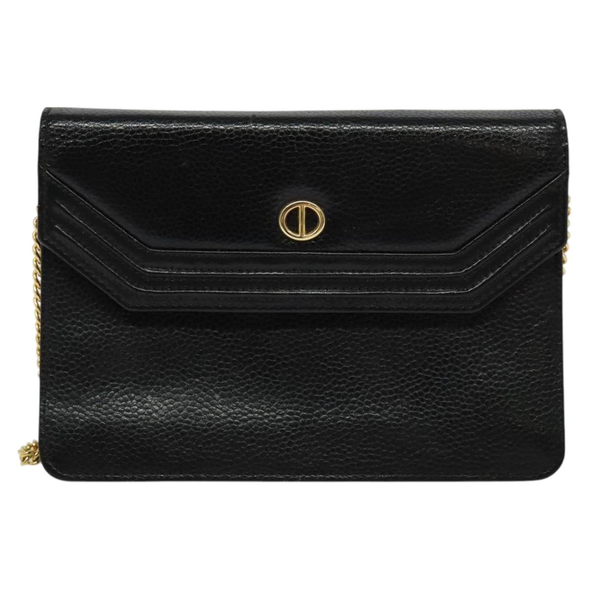 Christian Dior Chain Shoulder Bag Leather Black Gold Auth BA2581