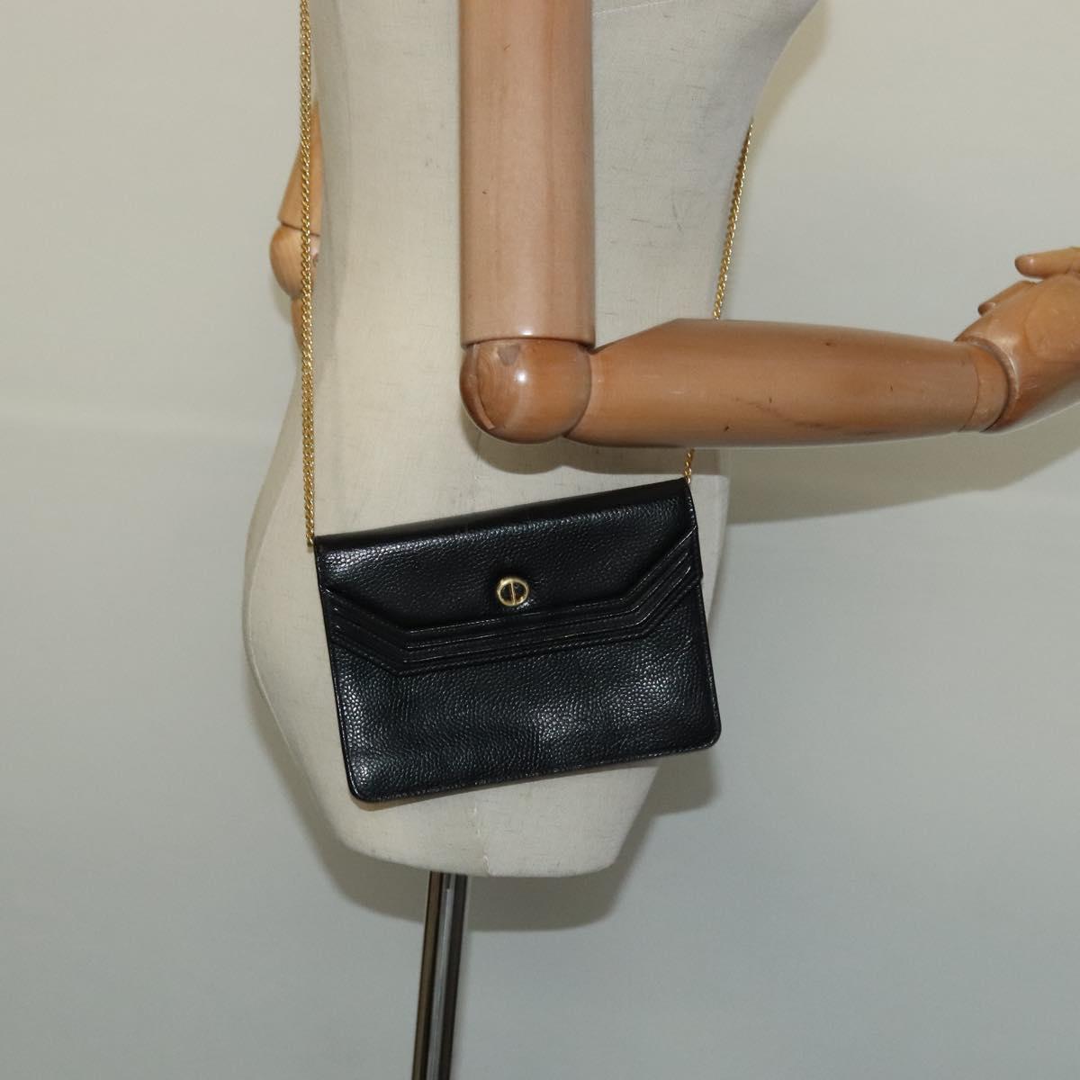 Christian Dior Chain Shoulder Bag Leather Black Gold Auth BA2581