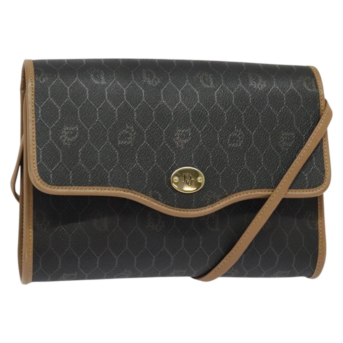 Christian Dior Honeycomb Canvas Shoulder Bag PVC Black Gold Auth BA2589