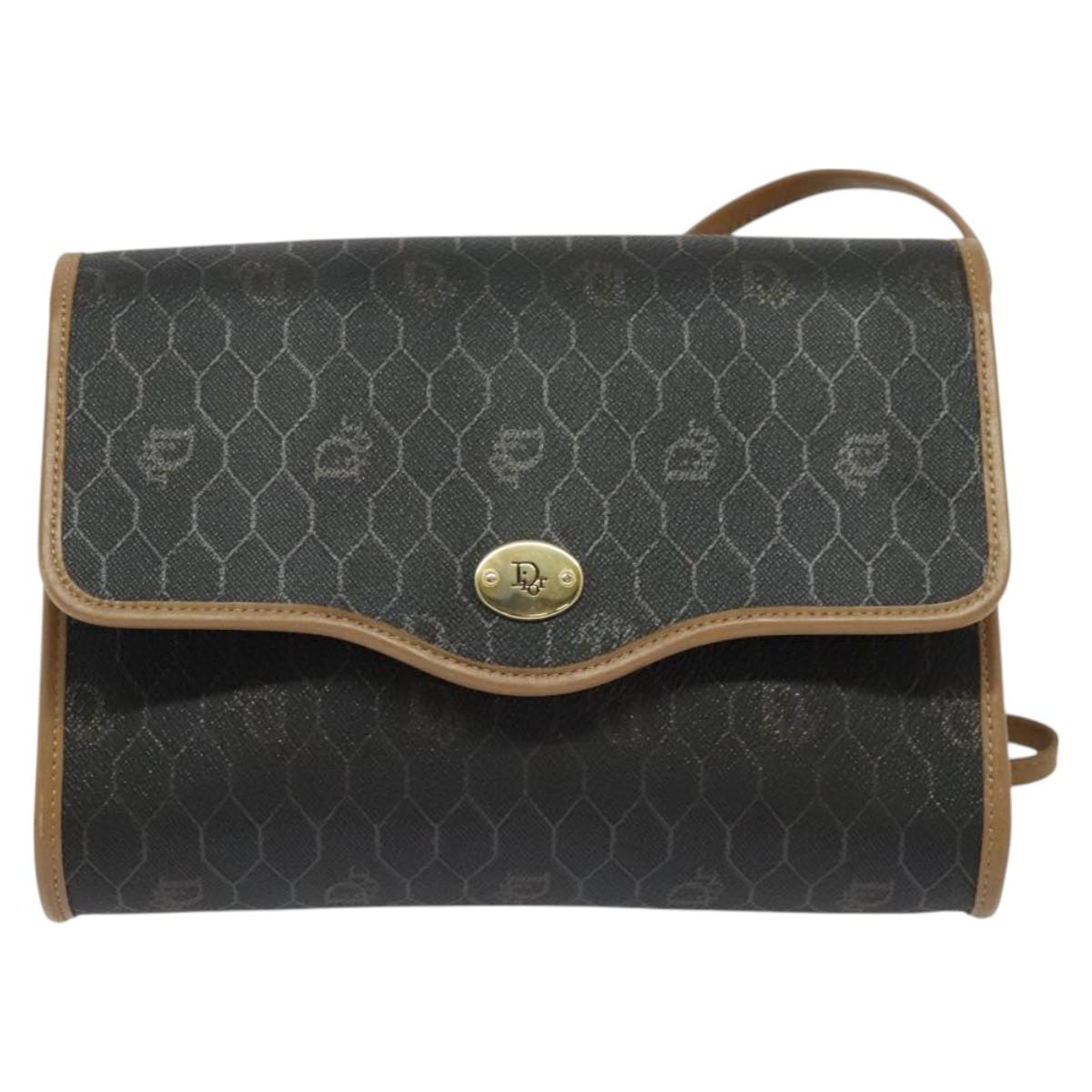 Christian Dior Honeycomb Canvas Shoulder Bag PVC Black Gold Auth BA2589