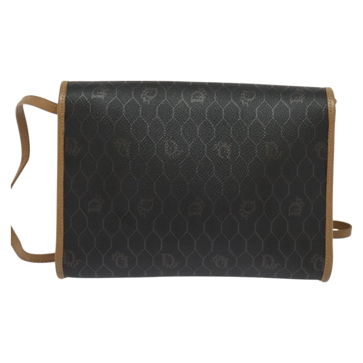 Christian Dior Honeycomb Canvas Shoulder Bag PVC Black Gold Auth BA2589